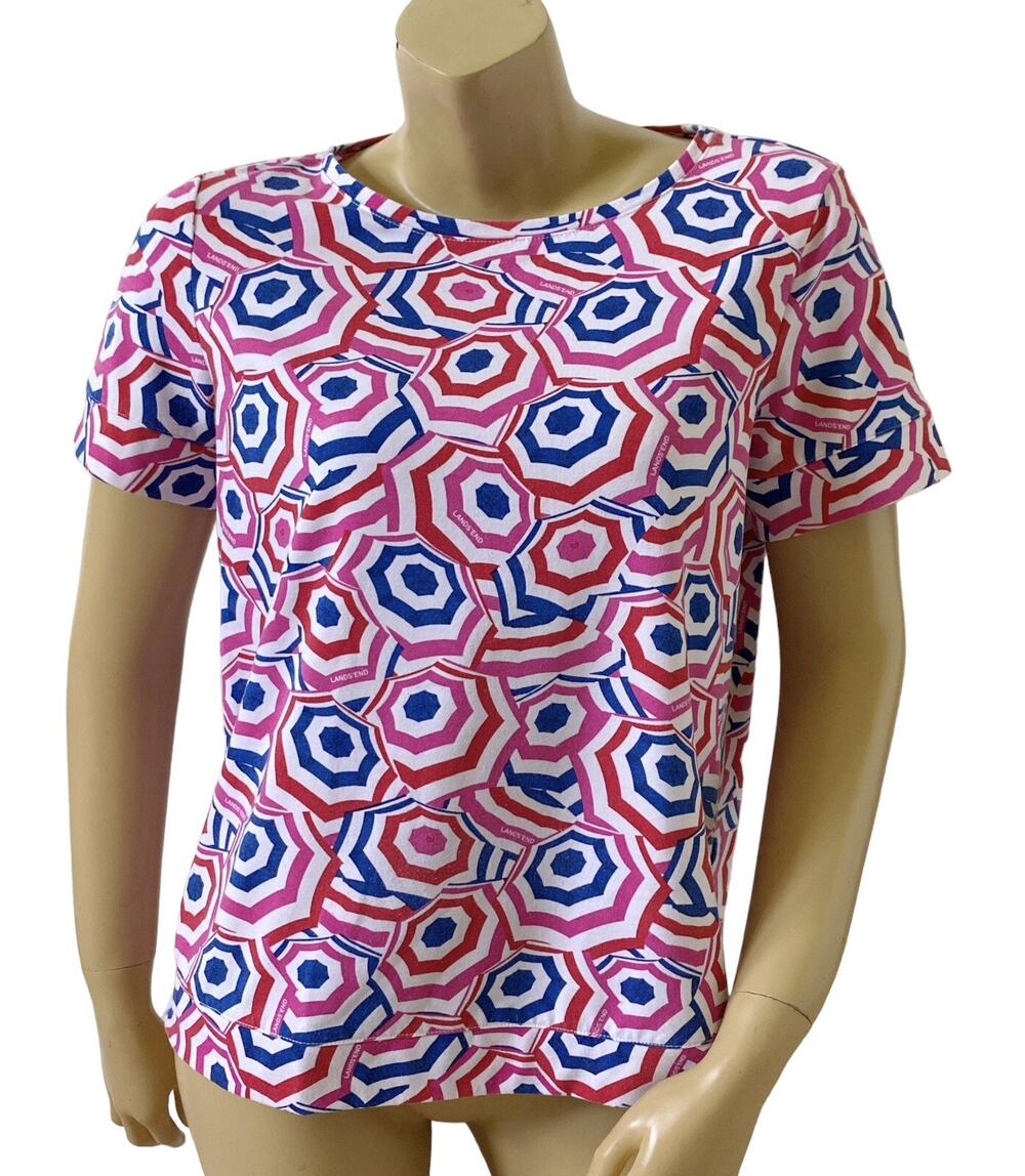 Lands End Top Womens Small Red White Blue Geometric Print Short Sleeve Knit Tee